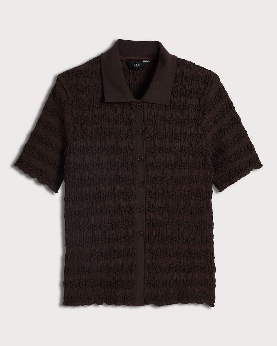 image 1 of F&F Crinkle Textured Button Up Co-ord Shirt in Chocolate
