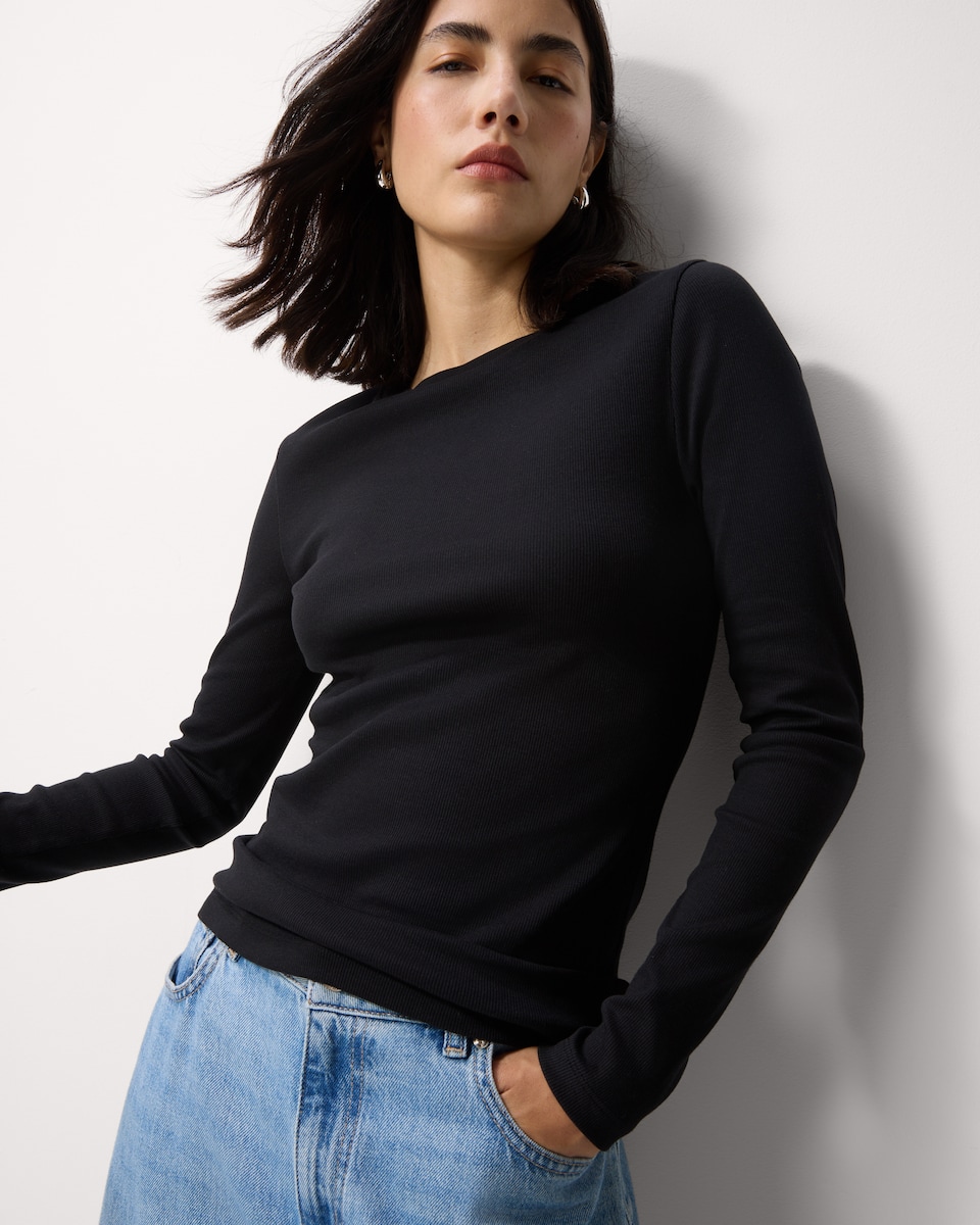 image 1 of F&F Cotton Rich Ribbed Long Sleeved Top in Black