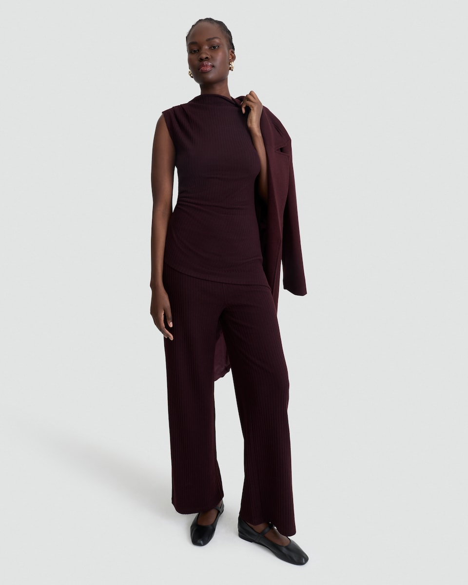 image 1 of F&F Ribbed Sleeveless Asymmetric Top in Burgundy