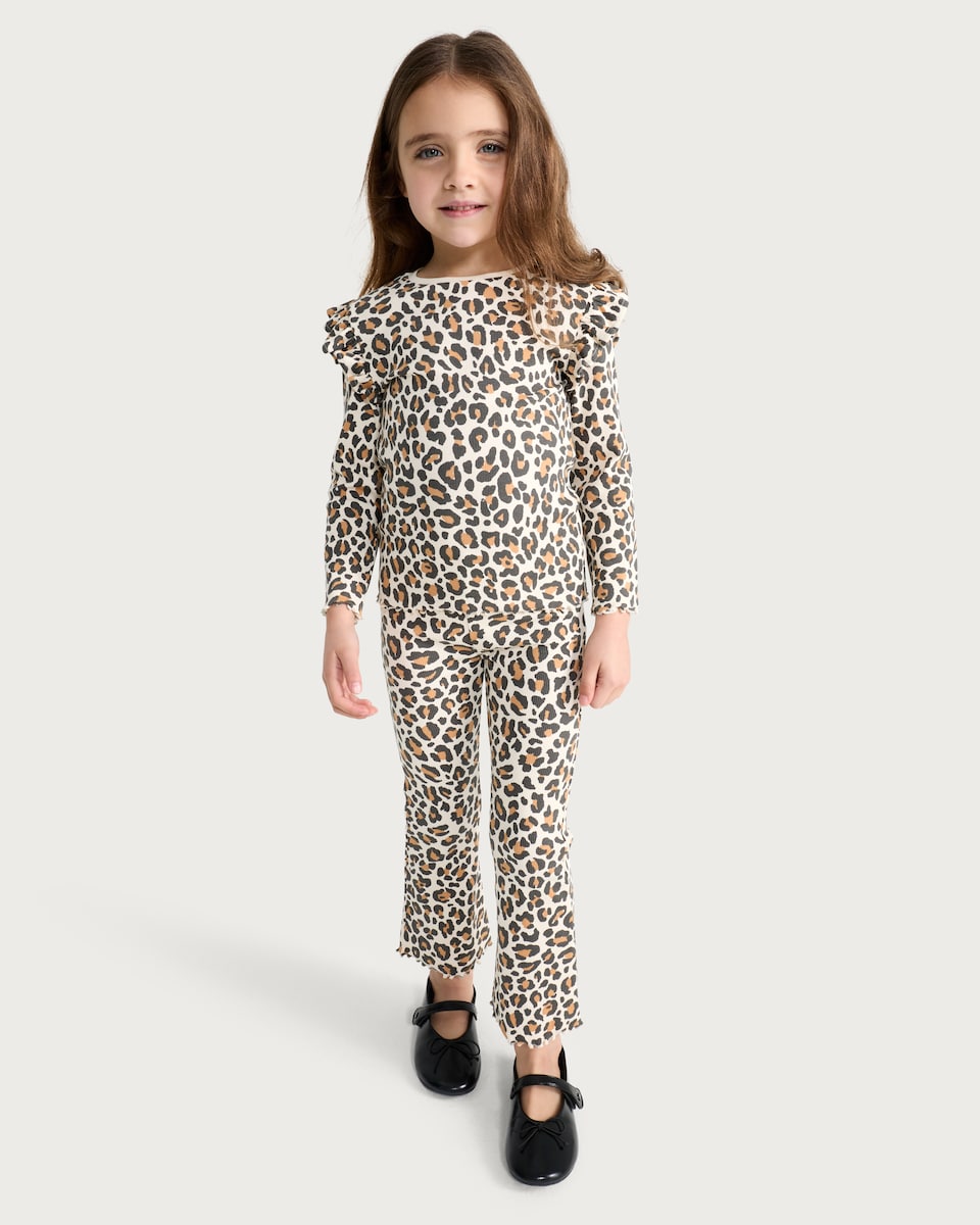 image 1 of F&F Girls 2-Pack Cotton Rich Ribbed Ruffle Detail Long Sleeved Tops in Multi Brown