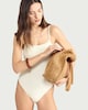 image 1 of F&F Crinkle Textured Thin Strap Swimsuit in Cream
