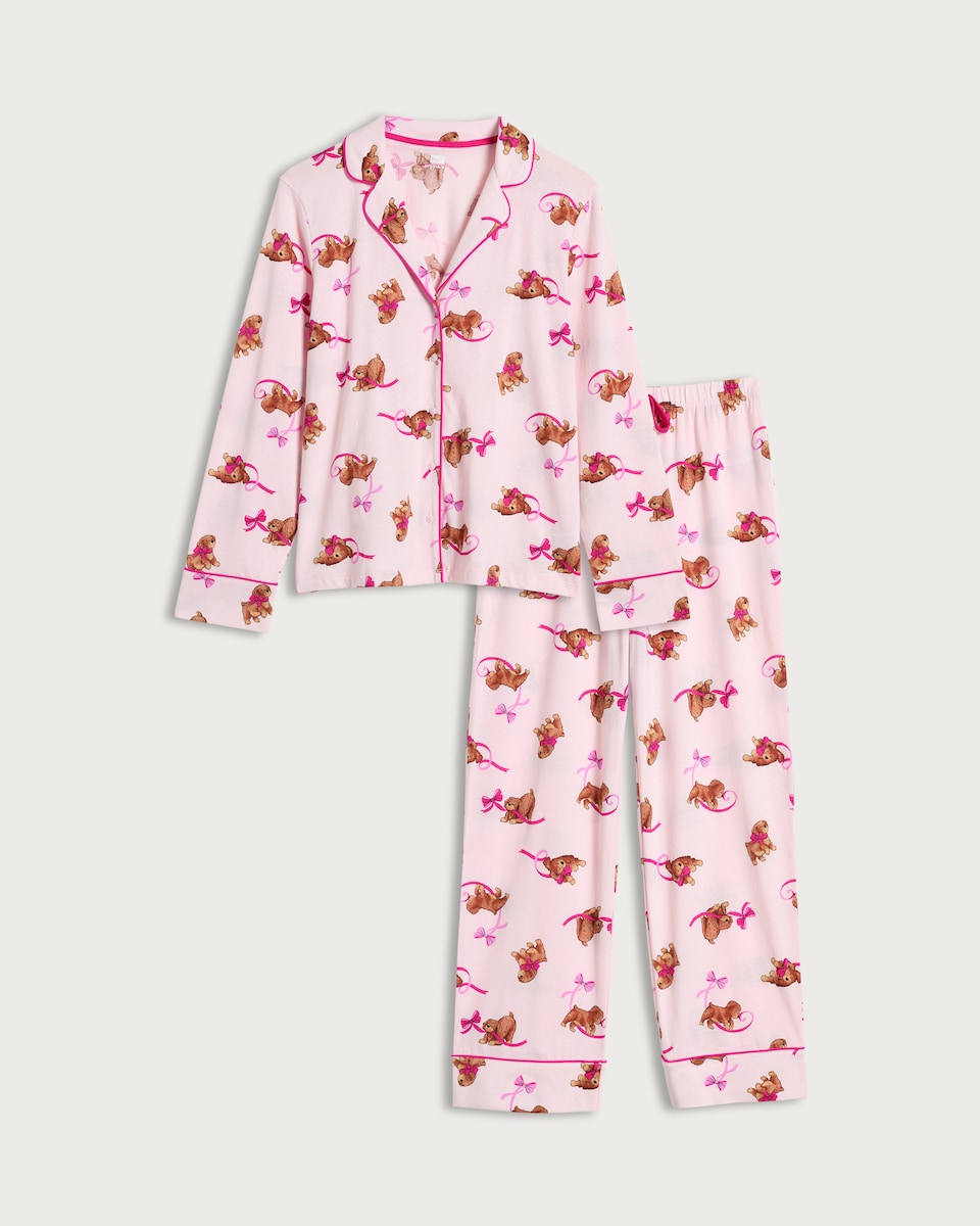 image 1 of F&F Pure Cotton Dog Print Revere Pyjama Set in Multi Pink
