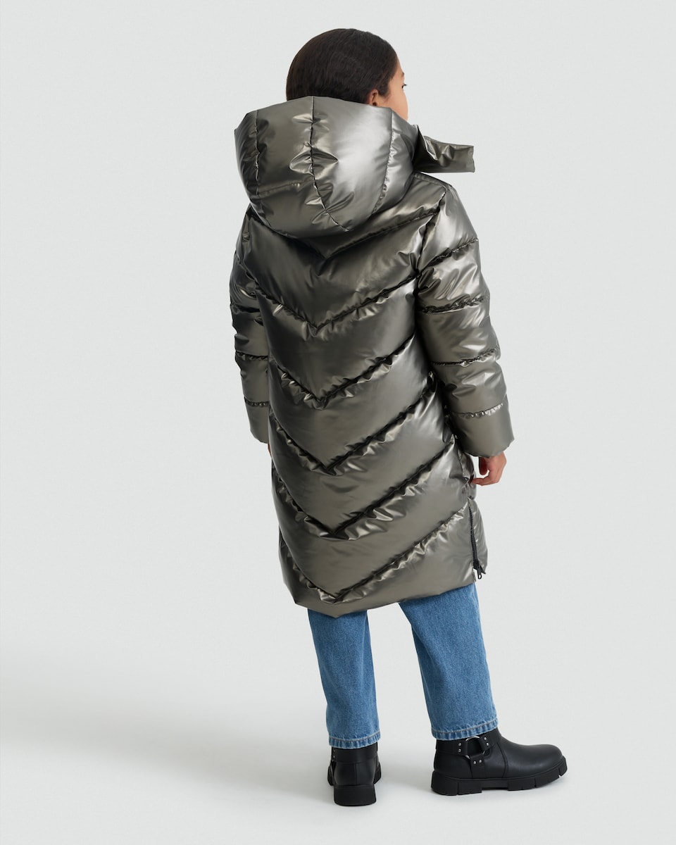 image 1 of F&F Girls Metallic Chevron Quilted Hooded Water Resistant Coat in Grey