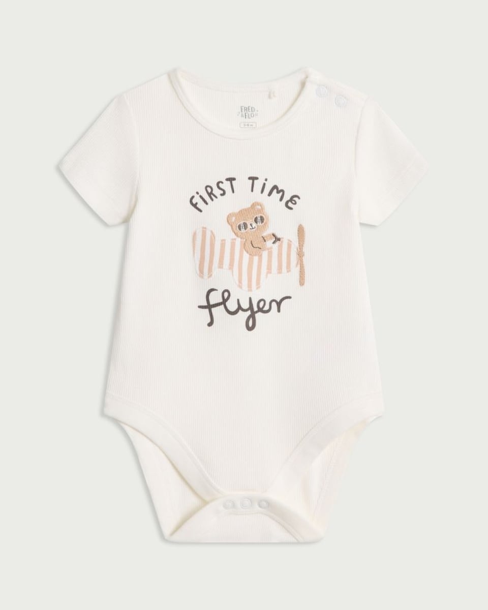image 1 of F&F Baby Cotton Rich First Time Flyer Short Sleeved Bodysuit in White
