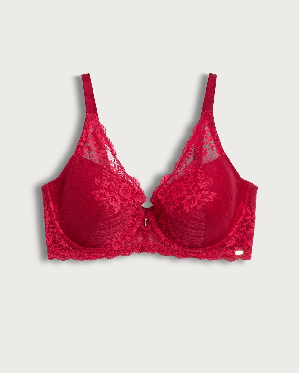 F&F Fuller Bust Floral Lace Detail Underwired Plunge Bra in Red