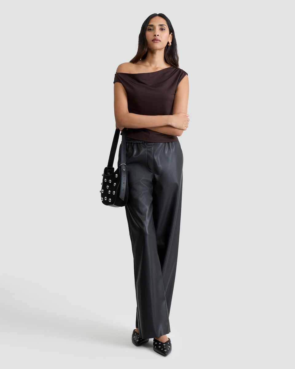 image 1 of F&F Polyamide Asymmetric Neck Sleeveless Top in Chocolate