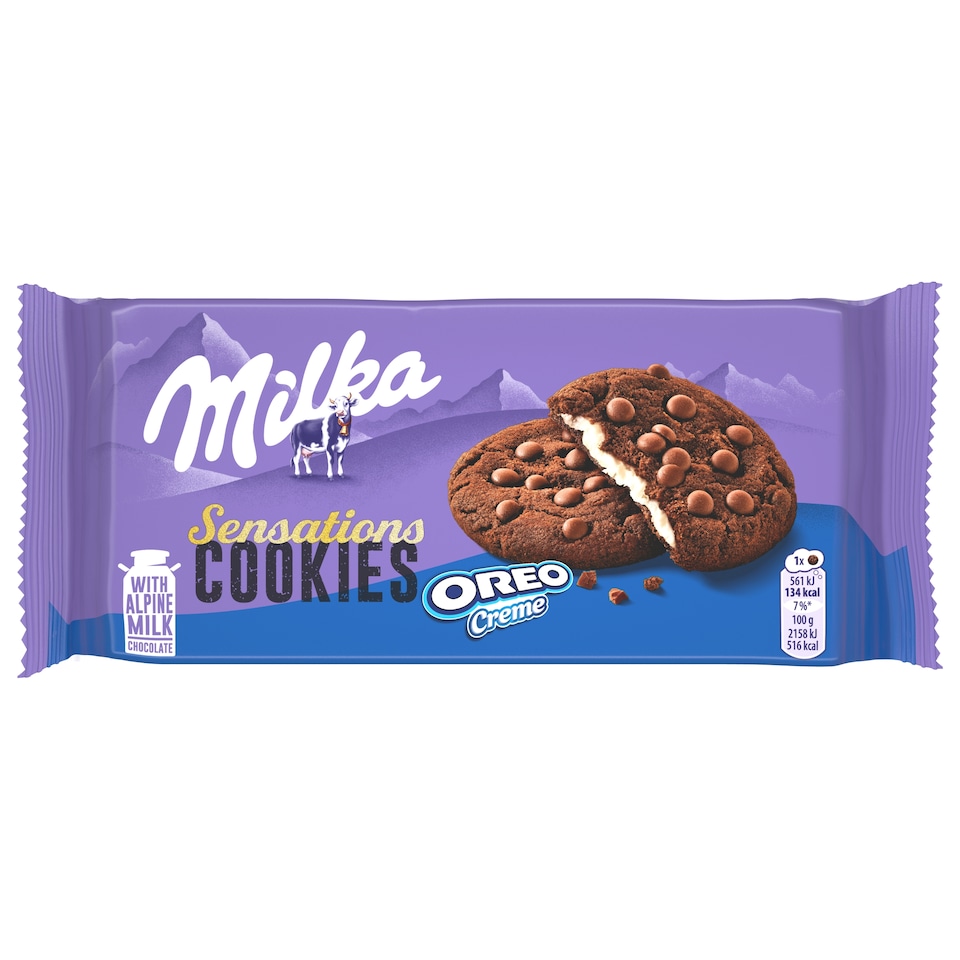 Milka Cookies Sensations Oreo Creme Biscuit with Cocoa, Milk Chocolate Pieces, Vanilla Filling 156 g