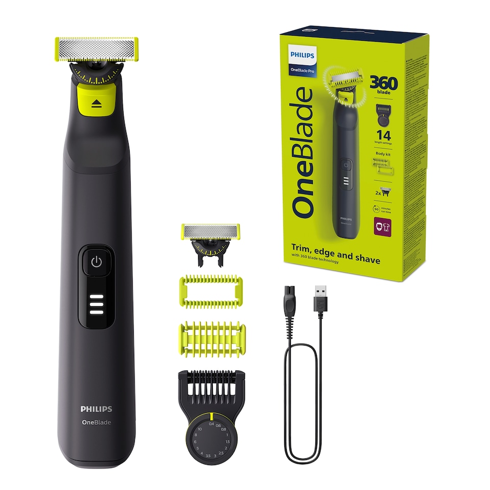 image 1 of Philips OneBlade Pro 360 Beard Trimmer, Face & Body, 14-in-1,Travel Pouch & 360 blade-QP6542/15
