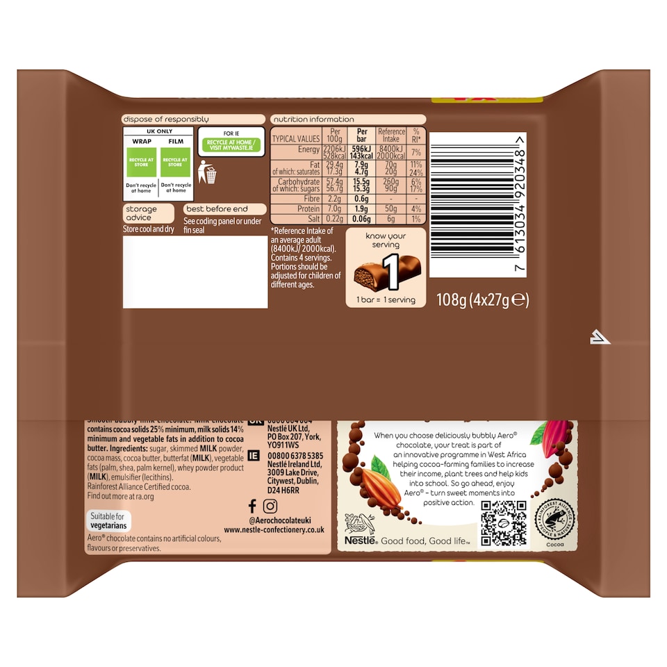 image 1 of Aero Bubbly Milk Chocolate Bar Multipack 27g 4 Pack 