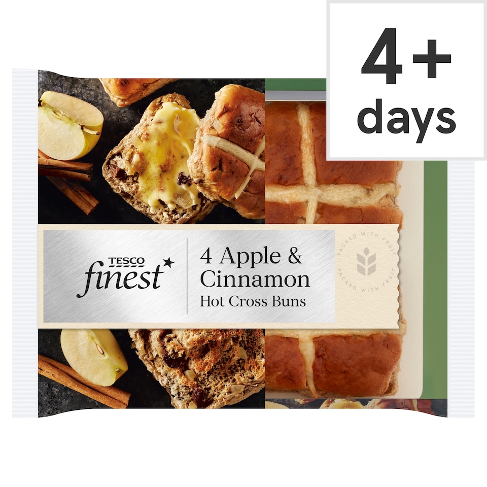 Tesco Finest Apple & Cinnamon Hot Cross Buns 4 Pack