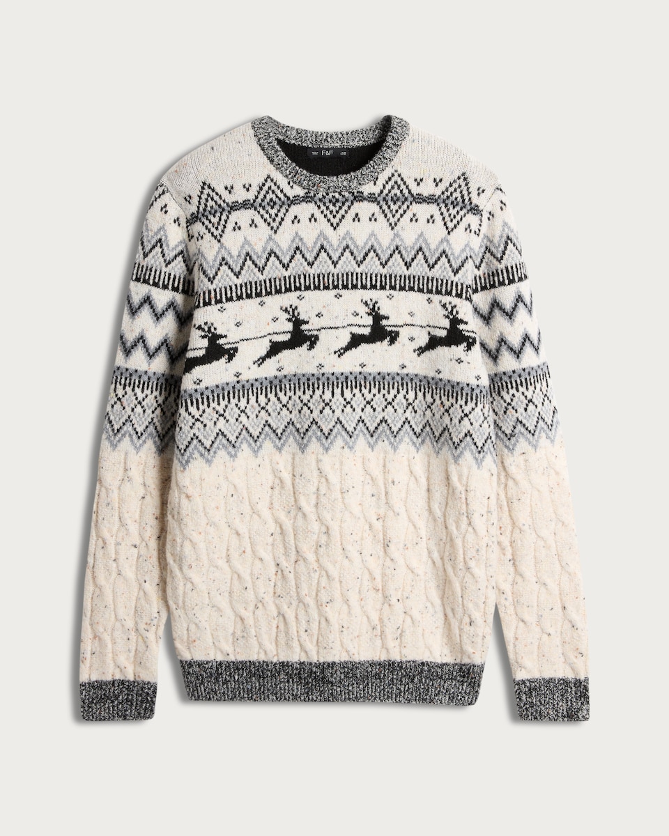 image 1 of F&F Knitted Reindeer Fair Isle Print Christmas Jumper in Ecru