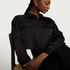 F&F Satin Pocket Detail Cropped Button Up Shirt in Black
