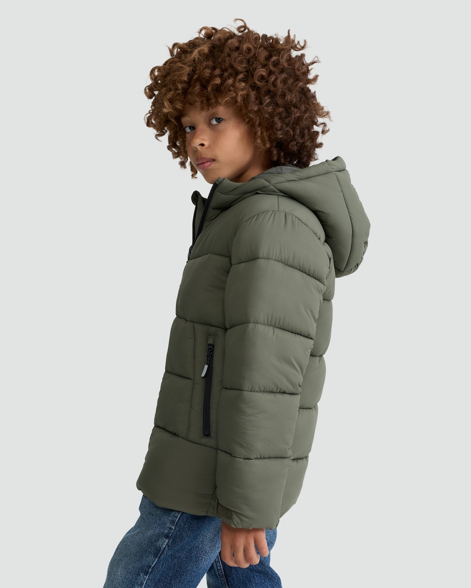 image 1 of F&F Boys Shower Resistant Hooded Puffer Jacket in Khaki