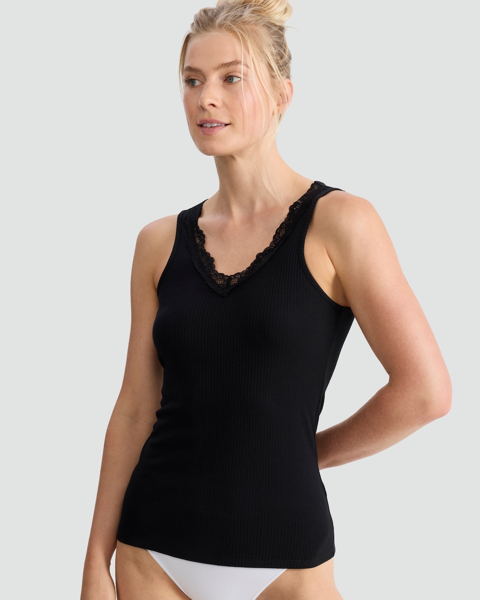 image 1 of F&F Soft Touch Ribbed Lace Trim Thermal Cami Top in Black