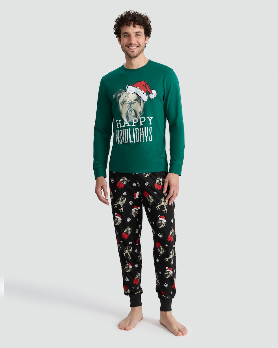 image 1 of F&F Pure Cotton Happy Howlidays Top and Cuffed Joggers Pyjamas in Multi