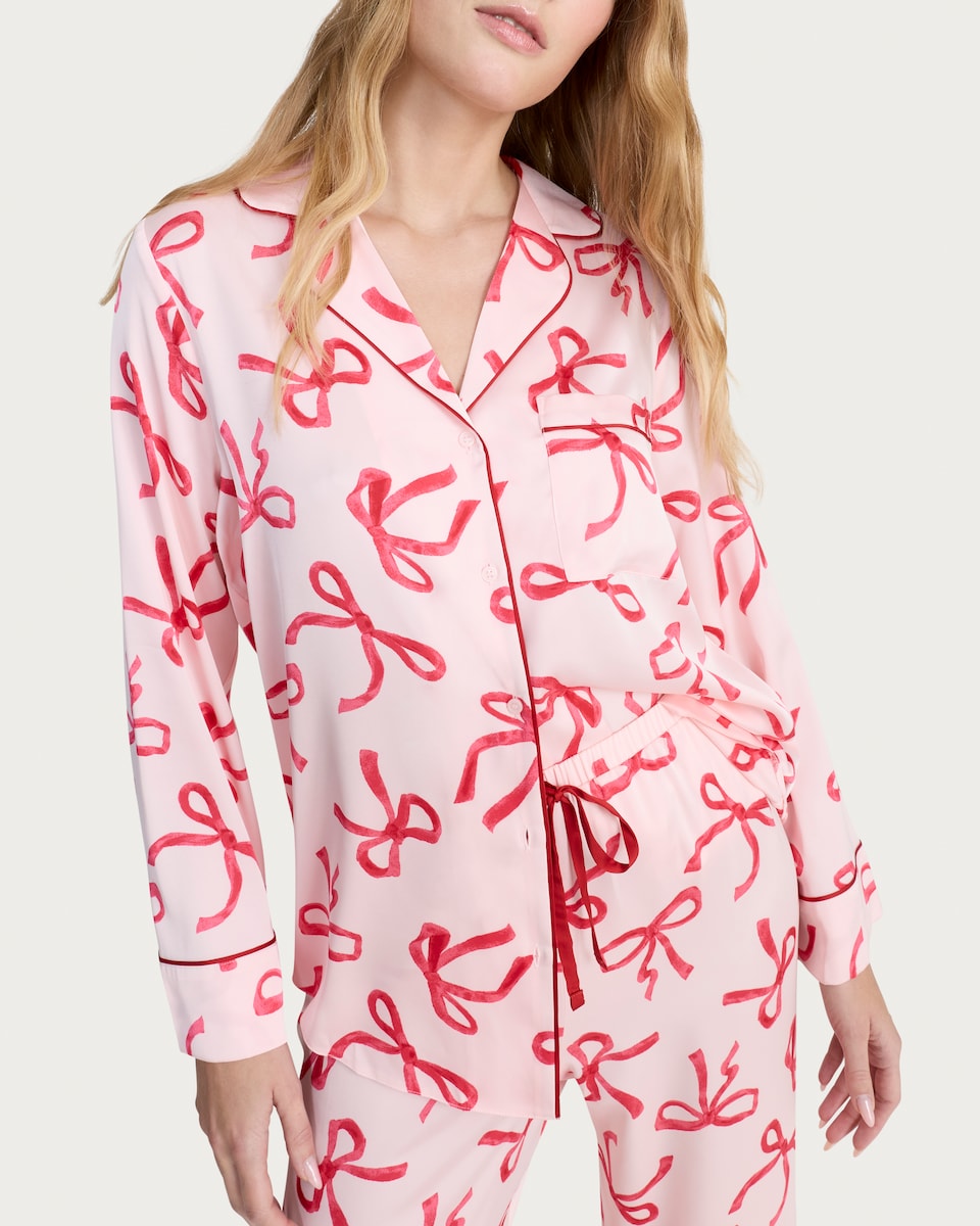 image 1 of F&F Satin Bow Print Shirt and Trousers Pyjamas in Pink