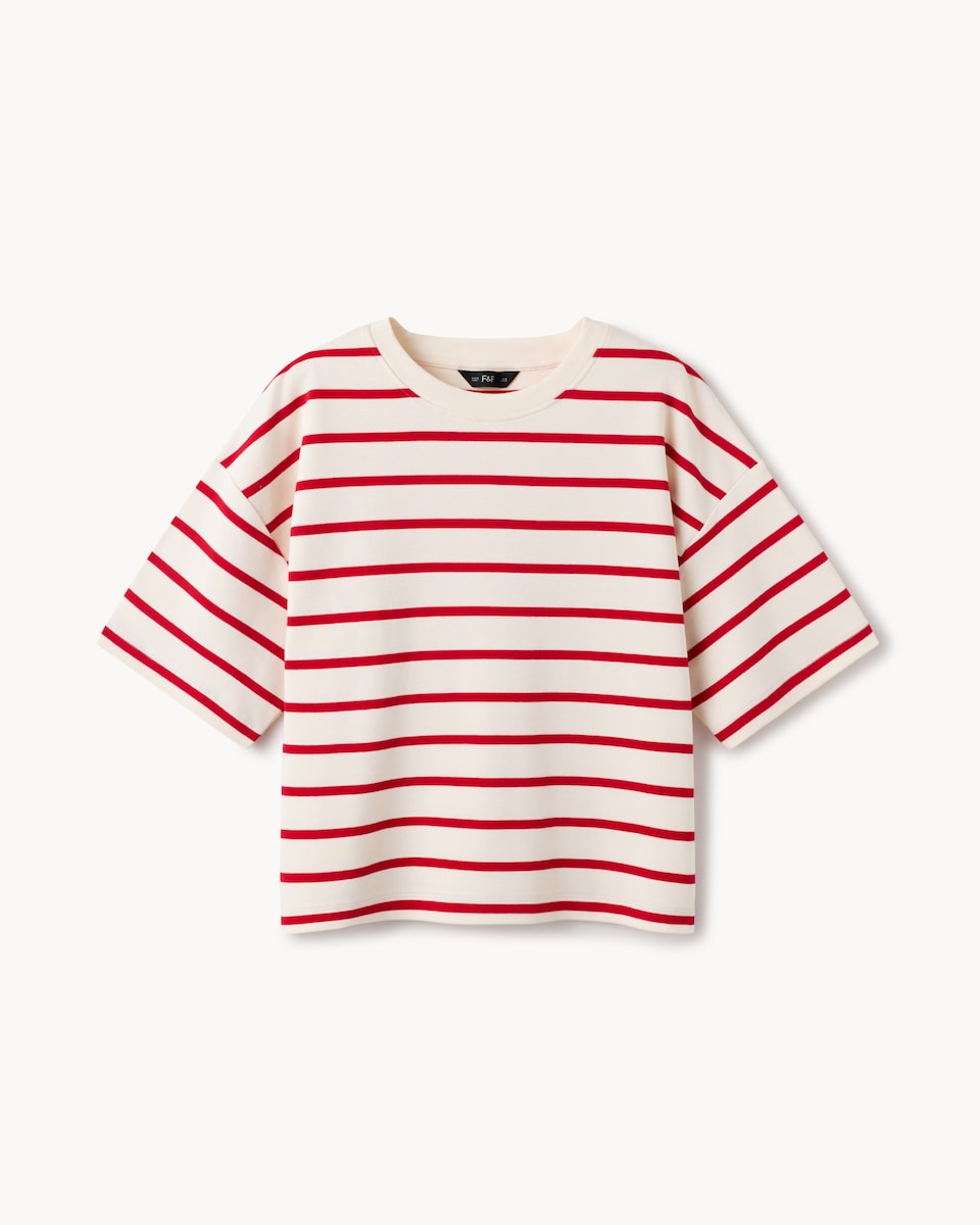 image 1 of F&F Pure Cotton Striped Boxy T-Shirt in Multi Red