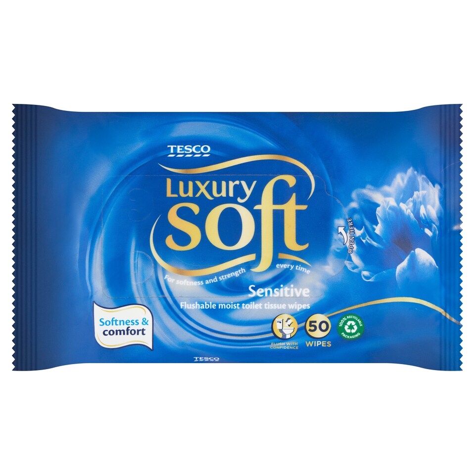 Tesco Soft Luxury Sensitive Flushable Moist Toilet Tissue Wipes 50 pcs