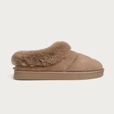 F&F Faux Fur Trim Quilted Slippers in Brown