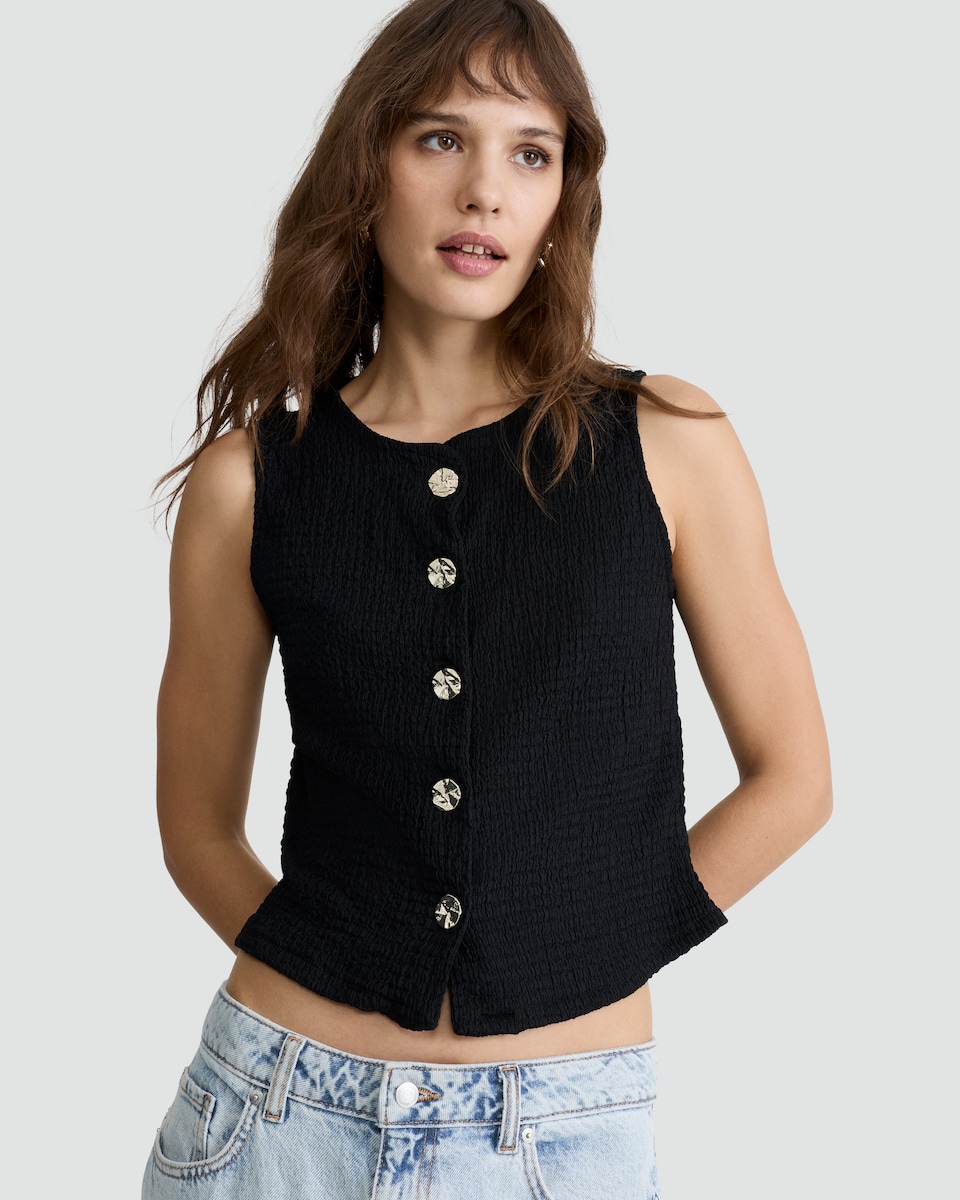 image 1 of F&F Crinkle Textured Button Front Sleeveless Co-ord Top in Black
