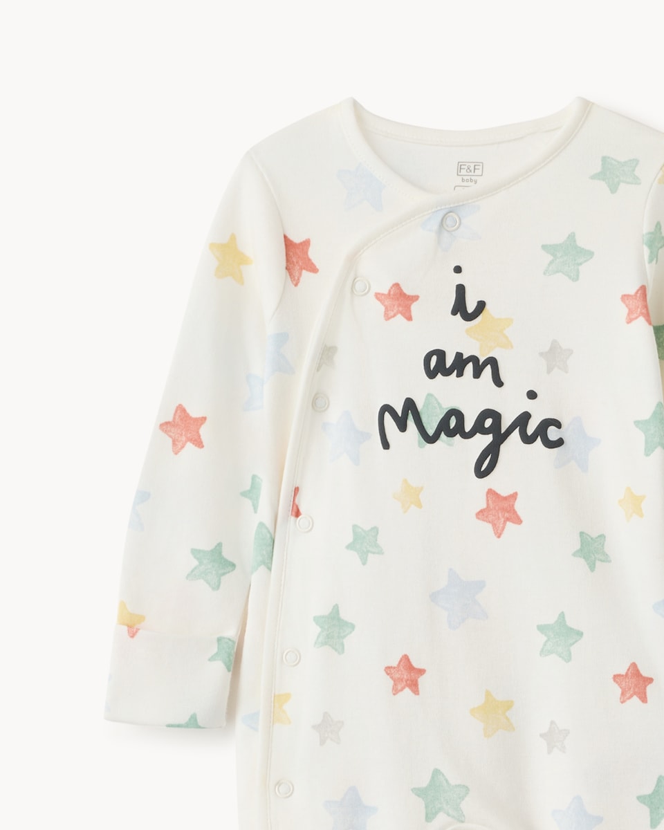 image 1 of F&F Baby Pure Cotton I Am Magic Star Sleepsuit in White