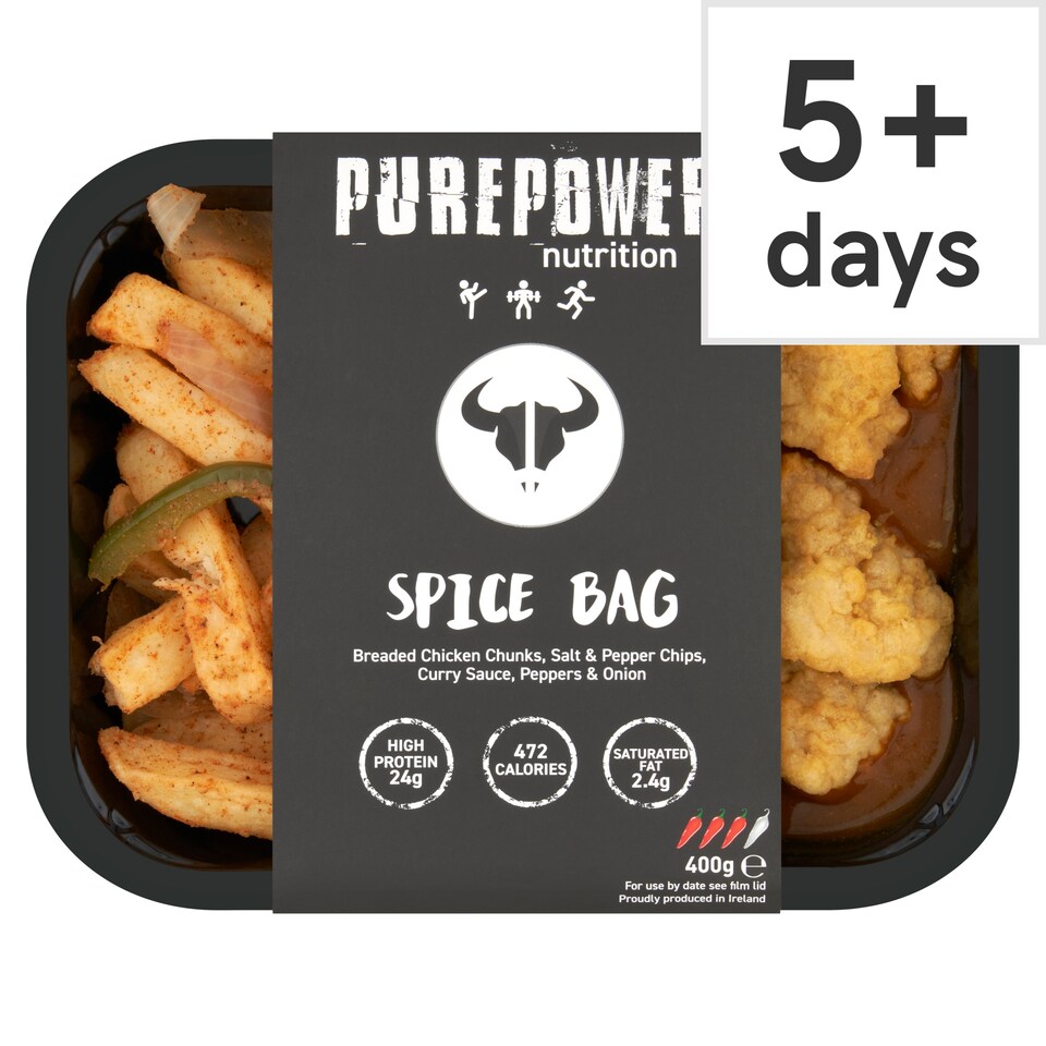 PUREPOWER NUTRITION SPICE BAG Breaded Chicken Chunks, Salt & Pepper Chips, Curry Sauce, Peppers & Onion 400g