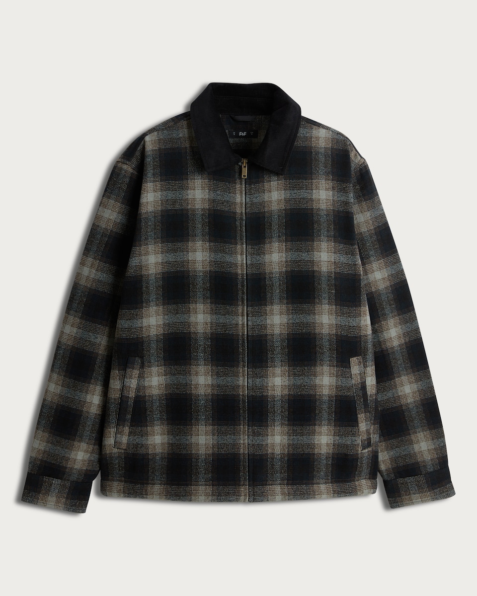 image 1 of F&F Check Print Borg Lined Zip Up Jacket in Black