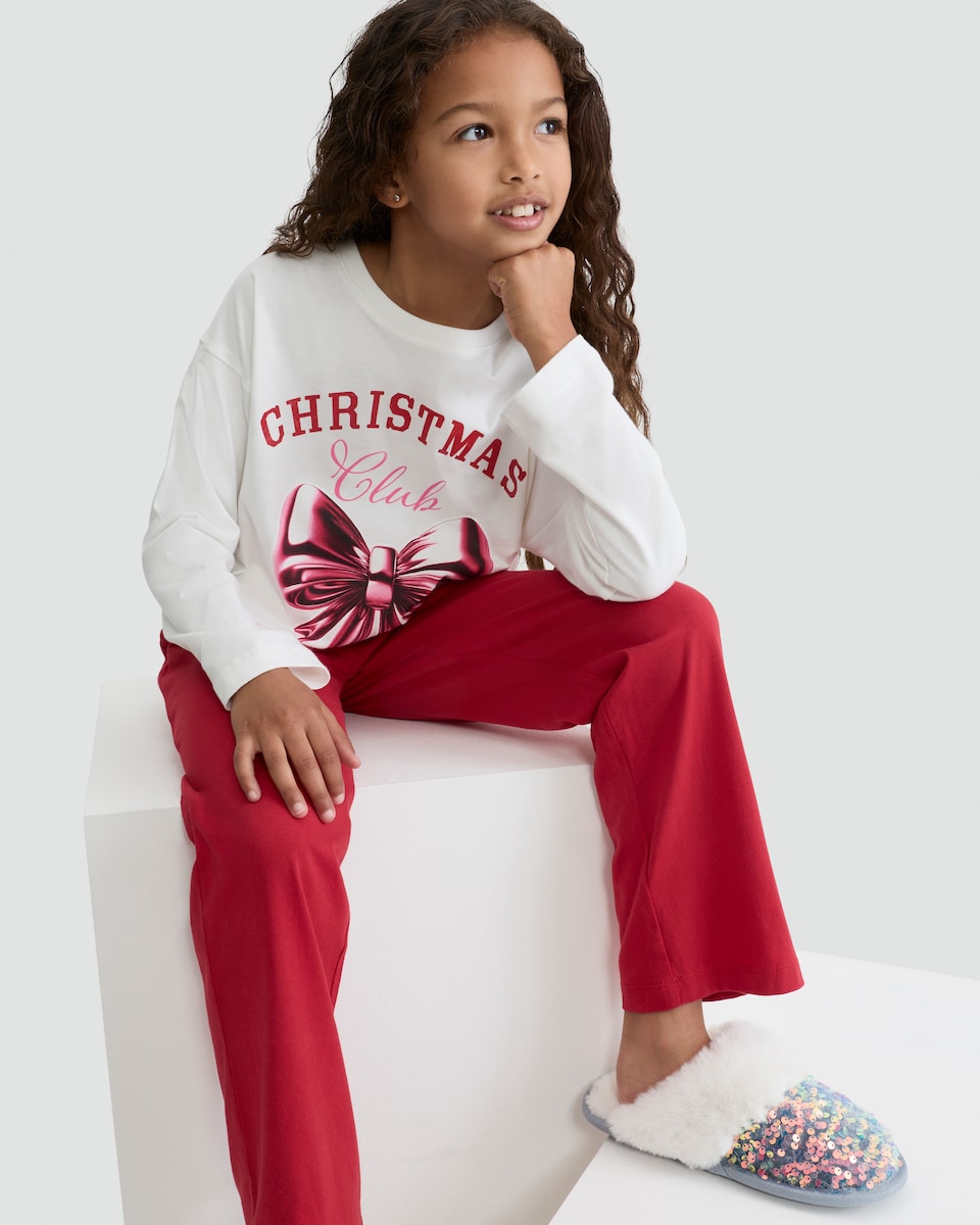 image 1 of F&F Girls Pure Cotton Christmas Club Slogan Pyjamas in Multi