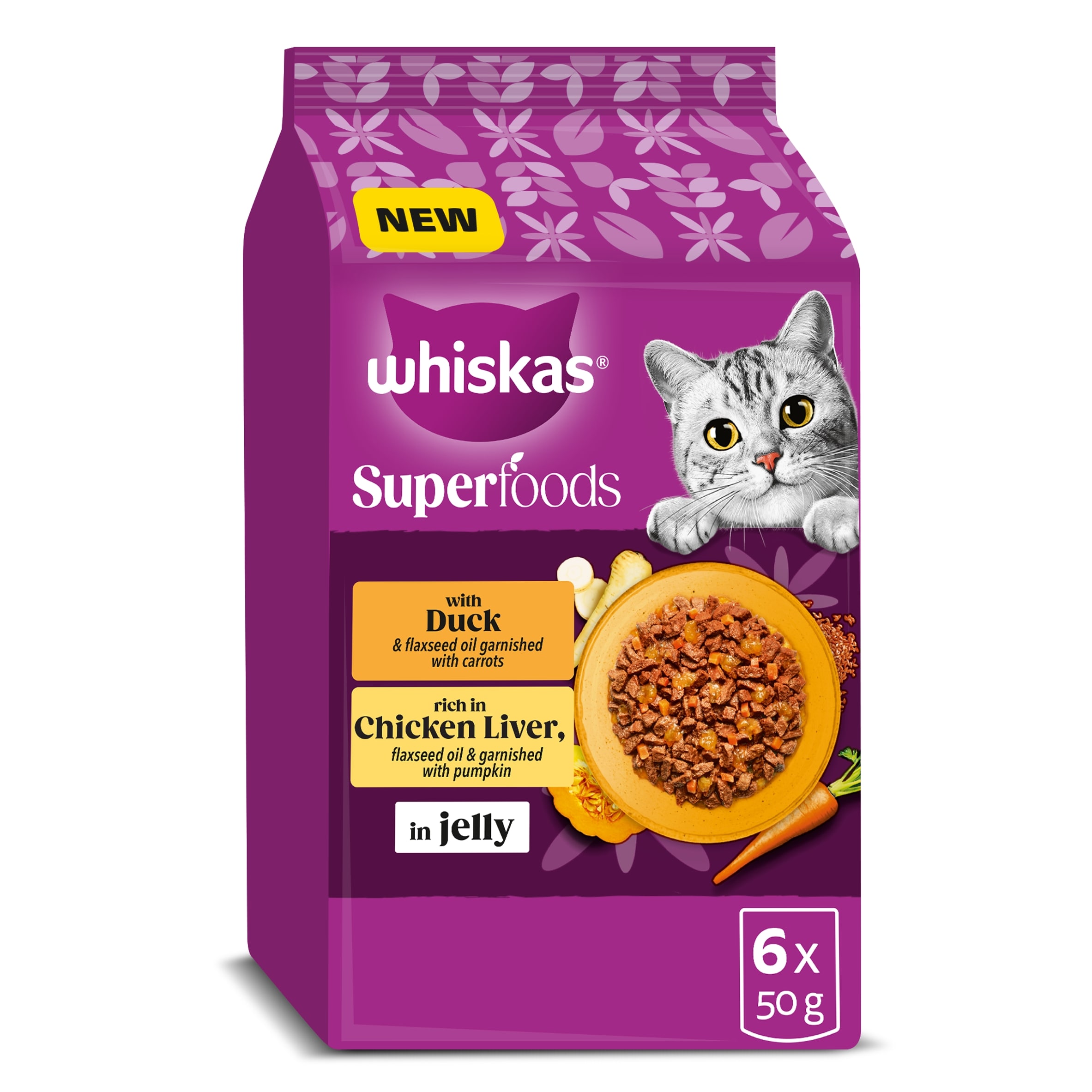 WHISKAS 1+ SUPERFOODS POULTRY Wet Cat Food Pouches in Jelly 6 x 50g