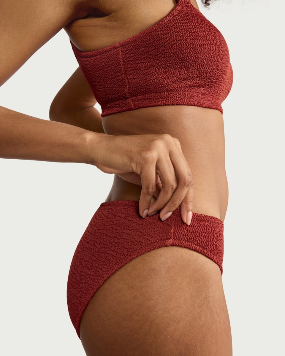 image 1 of F&F Crinkle Textured High Leg Bikini Bottoms in Brick