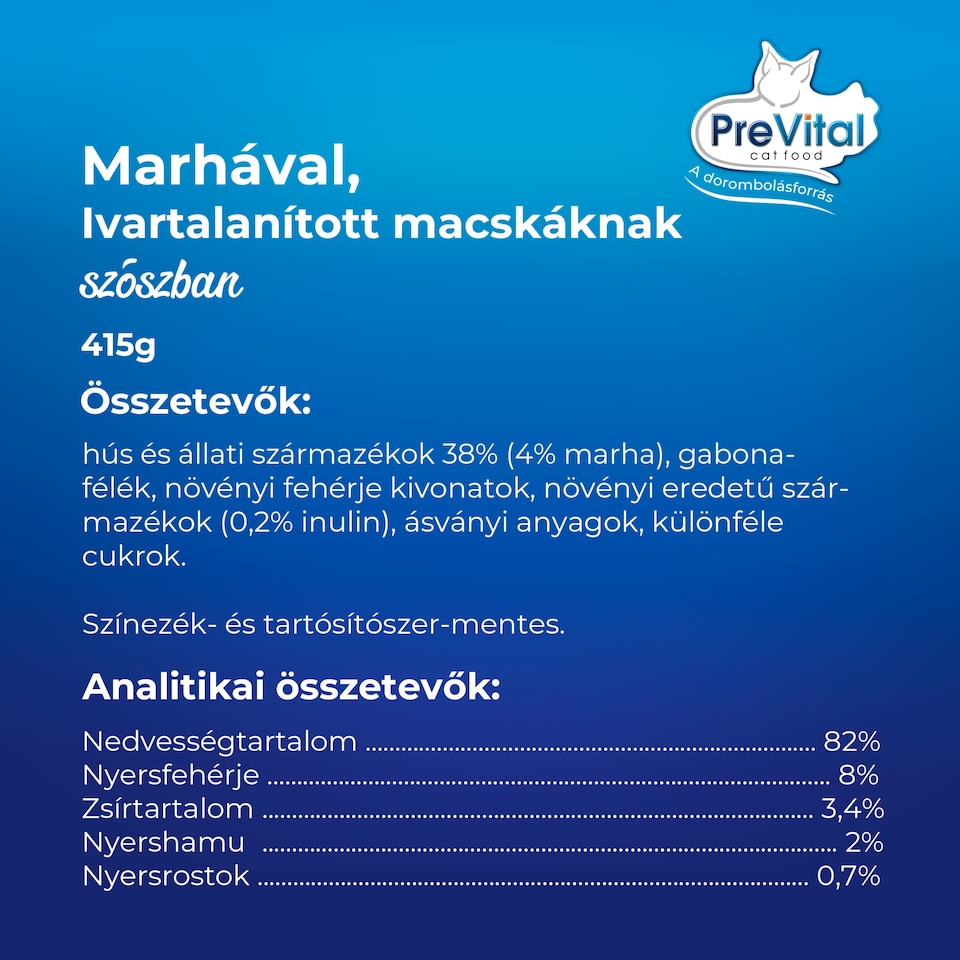 PreVital nedves macskaeledel, macskatáp steril macskáknak marhával szószban konzerv 415 g  1. kép