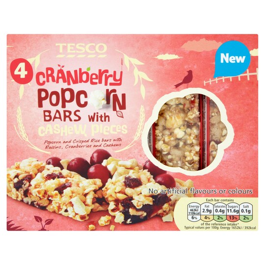 Tesco 4 Popcorn Bar Cranberry And Cashew Nut 4X28g Tesco Groceries
