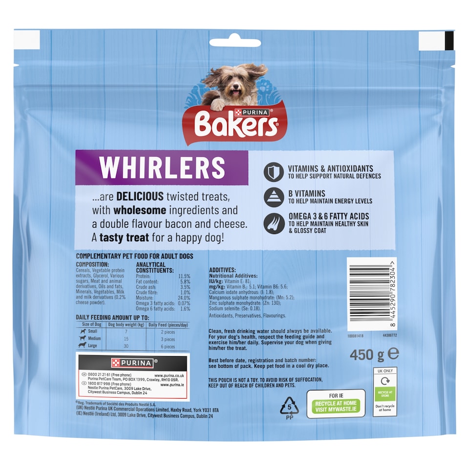 image 1 of BAKERS Whirlers Bacon and Cheese Dog Treats 450g