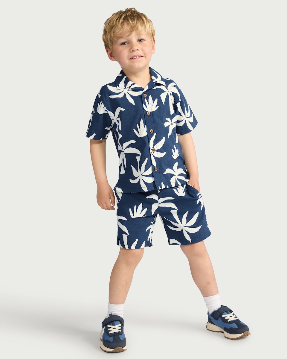 image 1 of F&F Boys 2-Piece Cotton Rich Palm Print Shirt and Shorts Set in Navy