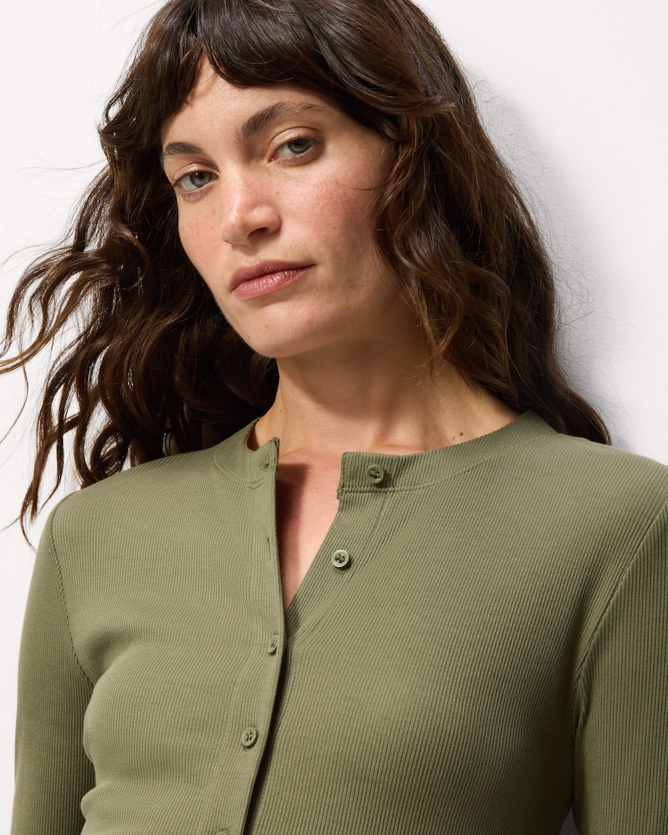 image 1 of F&F Cotton Rich Ribbed Button Up Top in Olive
