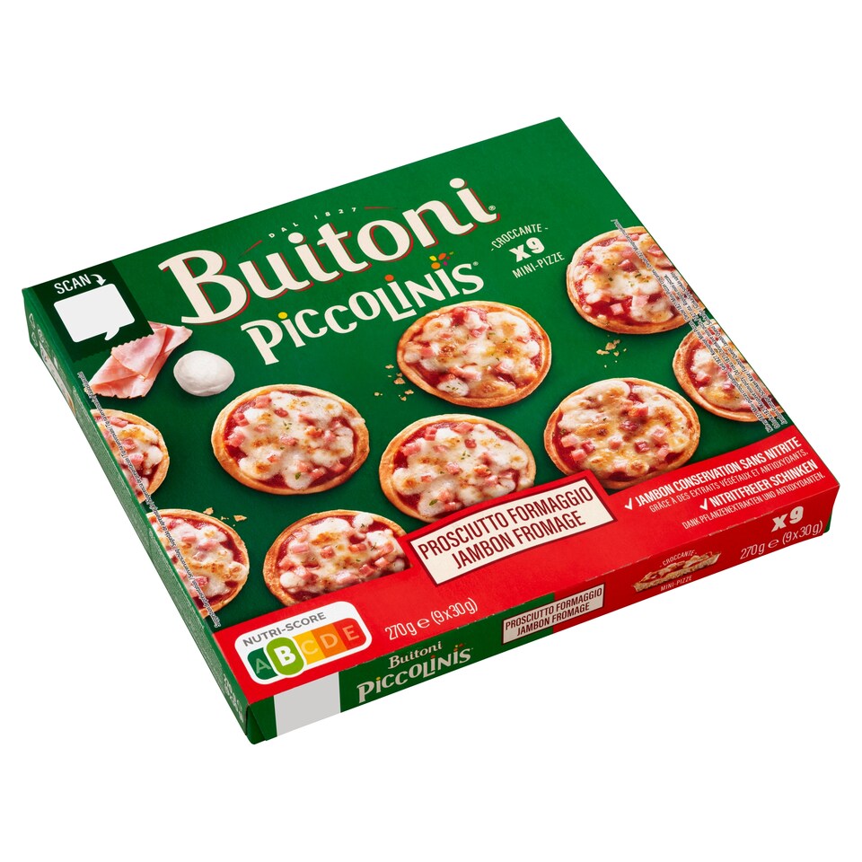 Buitoni Picolinis gyorsfagyasztott mini pizza sajttal és füstölt, főtt sonkával 9 x 30 g (270 g)  1. kép