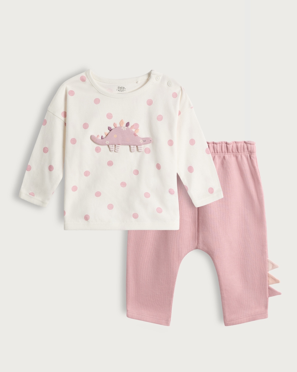 image 1 of F&F Baby 2-Piece Cotton Rich Dinosaur Polka Dot Print Top and Joggers Set in Cream