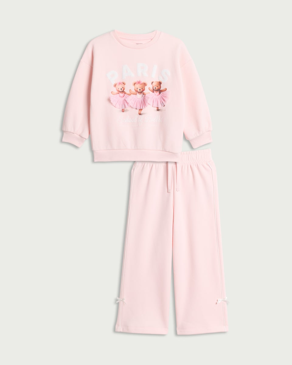 image 1 of F&F Girls 2-Piece Cotton Rich Bear Ballerina Print Sweatshirt and Joggers Set in Multi Pink