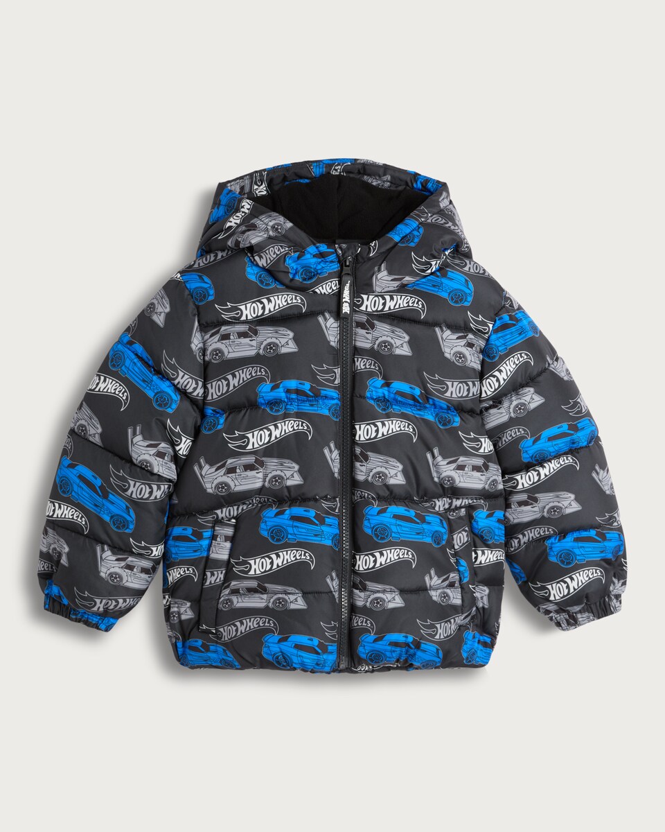 image 1 of Hot Wheels Print Padded Hooded Jacket in Black