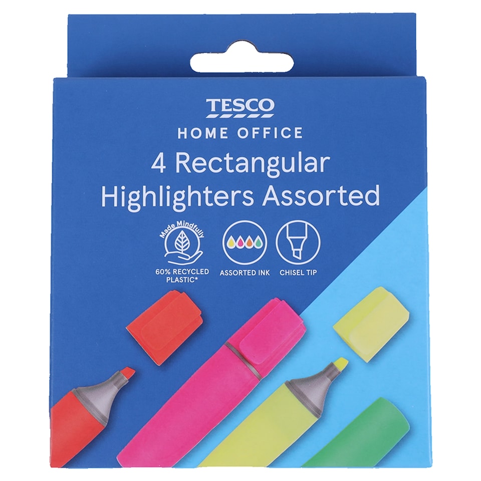 image 1 of Tesco Rectangular Highlighters Asstd 4 Pack