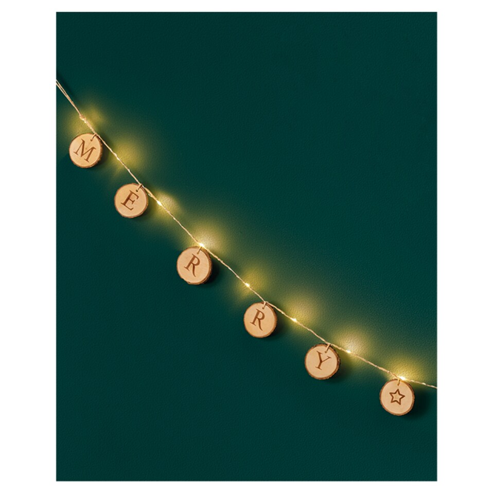 image 1 of TESCO MERRY CHRISTMAS WOODEN STRING BATTERY LIGHTS