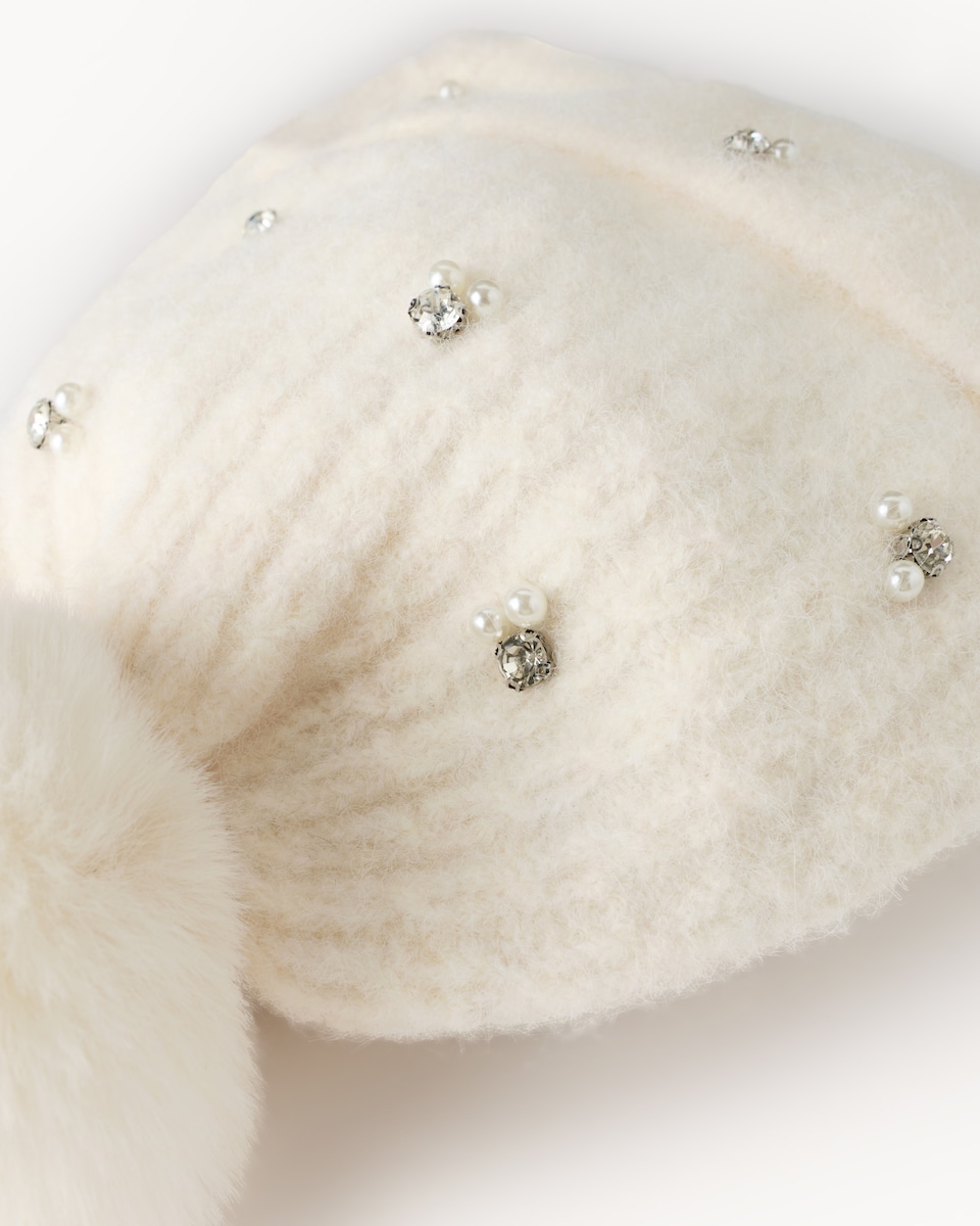 image 1 of F&F Embellished Pom Pom Beanie Hat in Cream