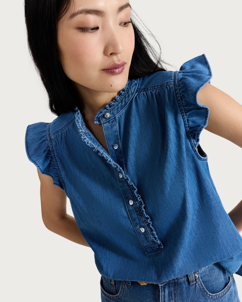image 1 of F&F Pure Cotton Frill Sleeved Blouse in Blue