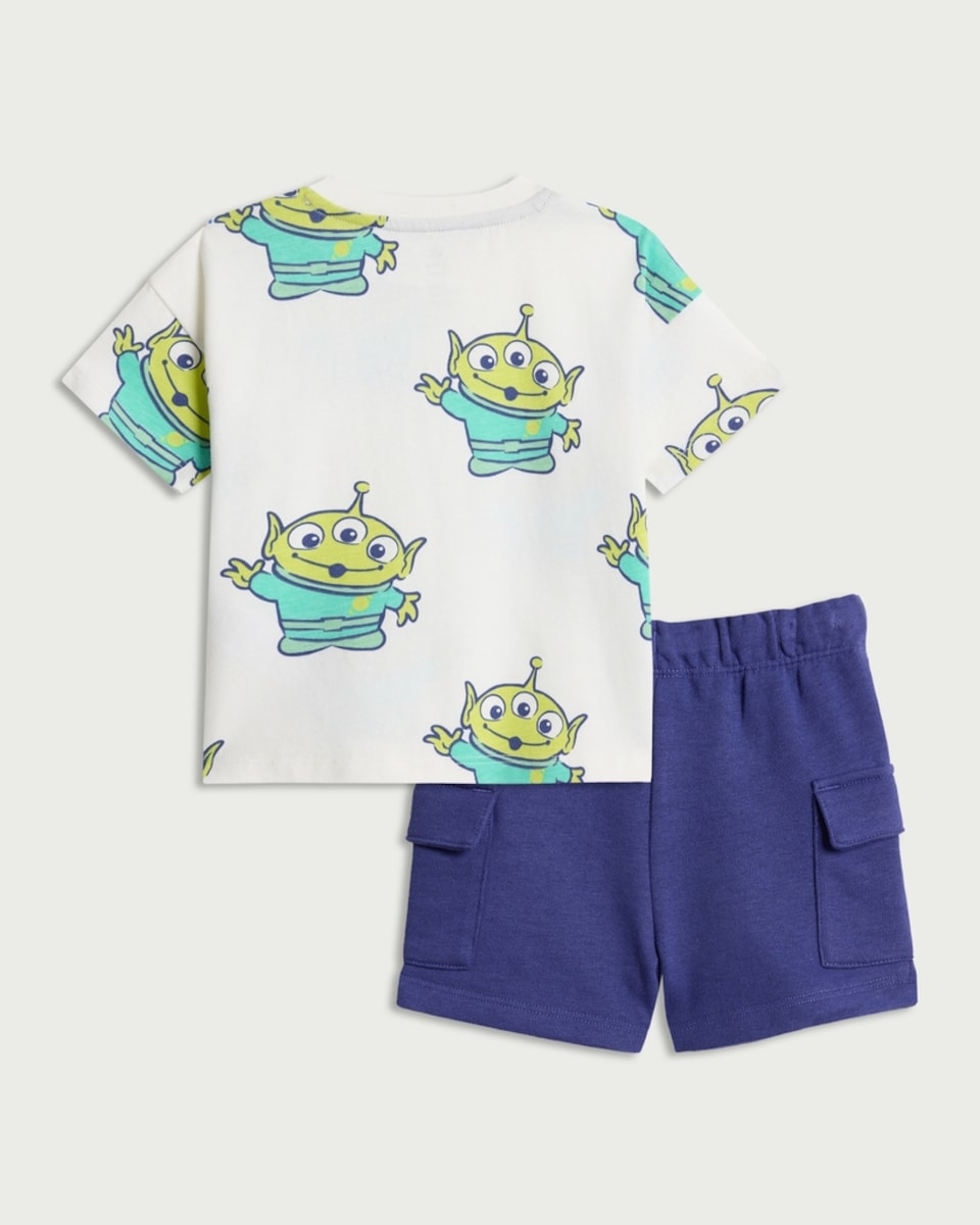 image 1 of Disney Toy Story 2-Piece Alien Print T-Shirt and Cargo Shorts Set in White