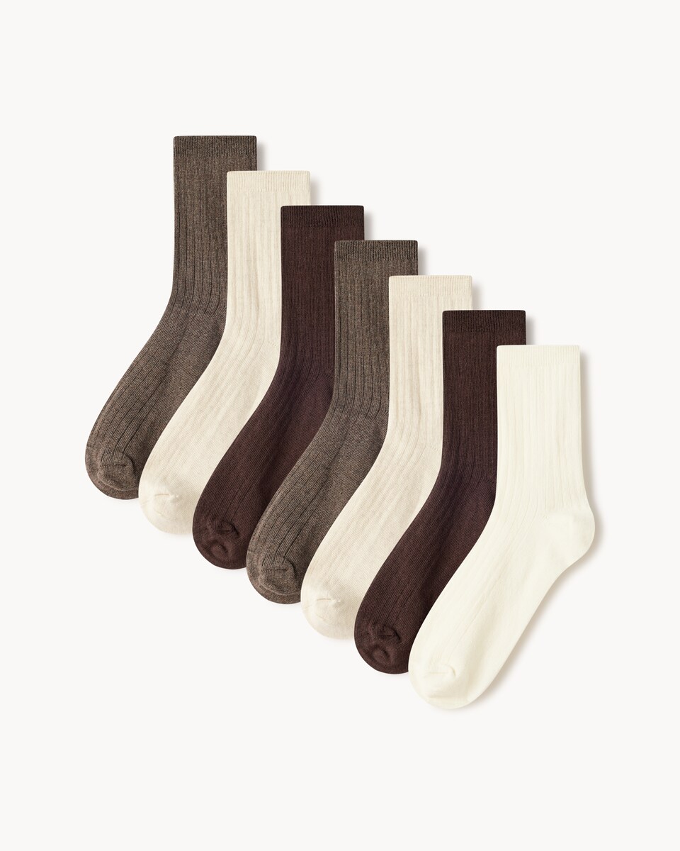 F&F 7-Pack Cotton Rich Ribbed Ankle Socks in Brown