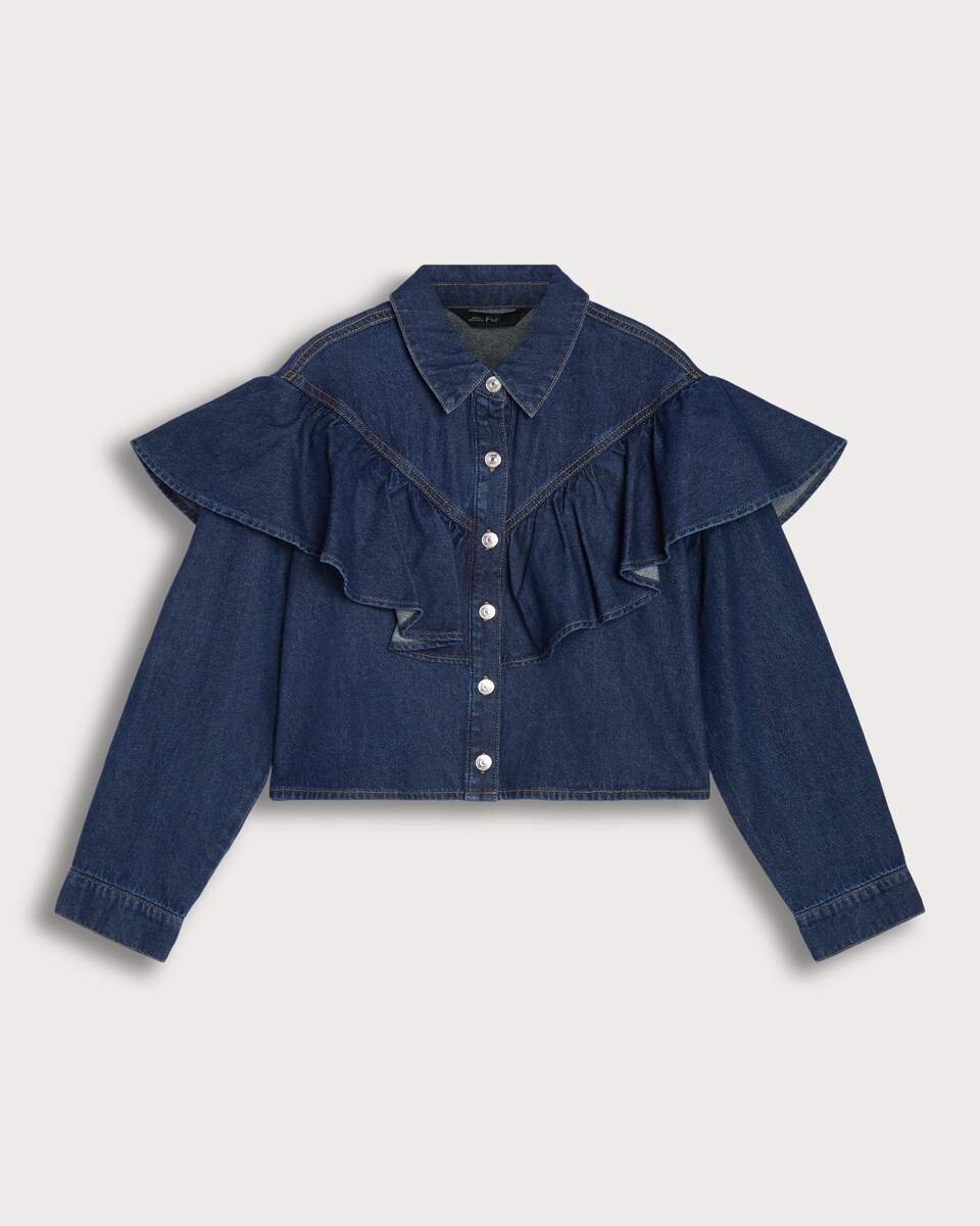 F&F Pure Cotton Denim Ruffled Shirt in Navy