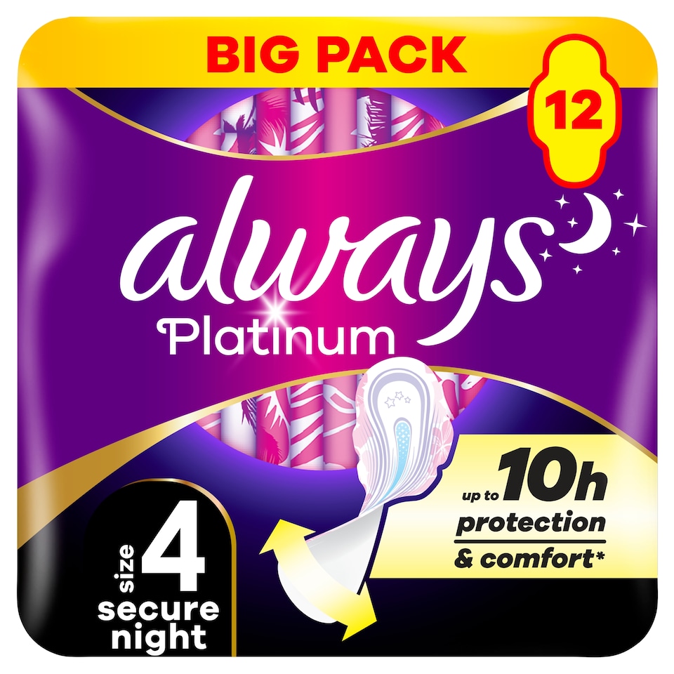 image 1 of Always Platinum Secure Night 12 Sanitary Pads With Wings Size 4