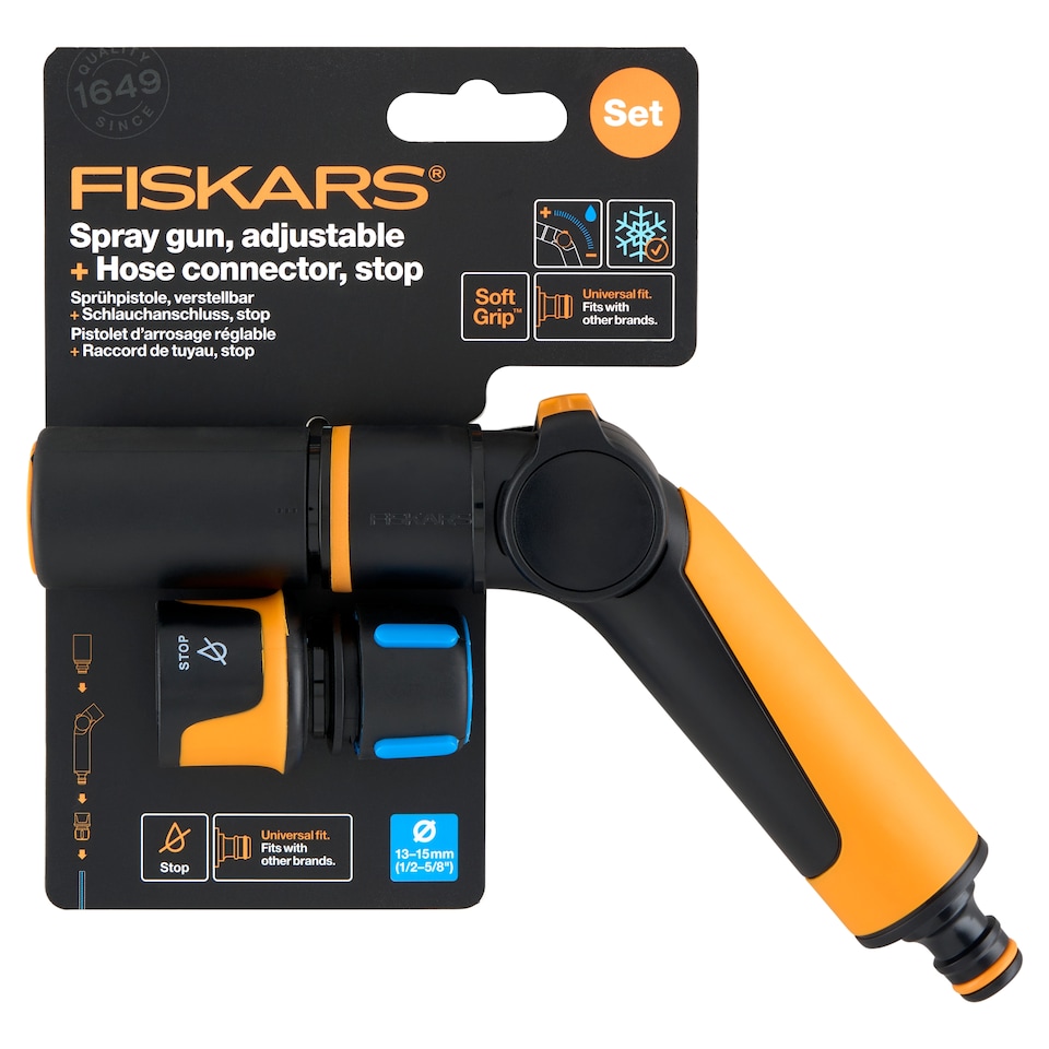 Fiskars Nastaviteľná striekacia sprcha + hadicová spojka, stop
