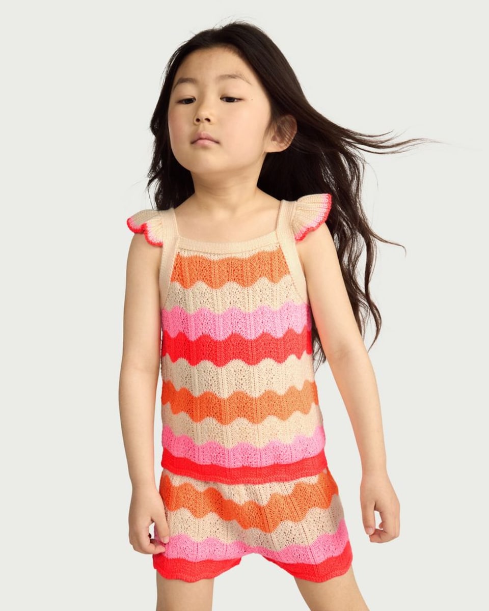 image 1 of F&F Girls 2-Piece Frilled Knitted Top and Shorts Set in Multi Pink