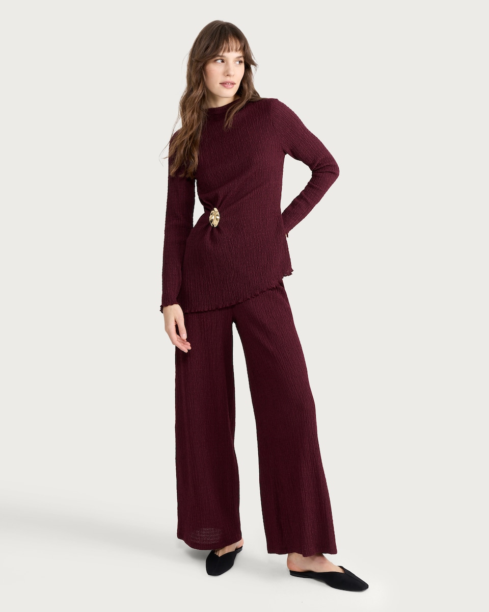 image 1 of F&F Textured Metal Accent Long Sleeved Co-ord Top in Burgundy